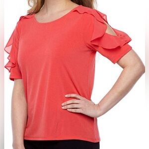 NWT Worthington Coral Pink Ruffle Sleeve Cold Shoulder Blouse Top